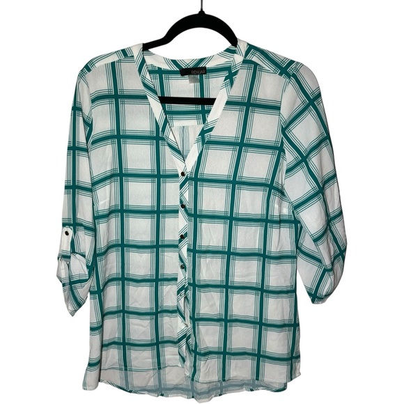 Renuar Women's Small Button‎ Down Plaid 3/4 Length Sleeves Gridlines V Neck Top - Picture 1 of 6